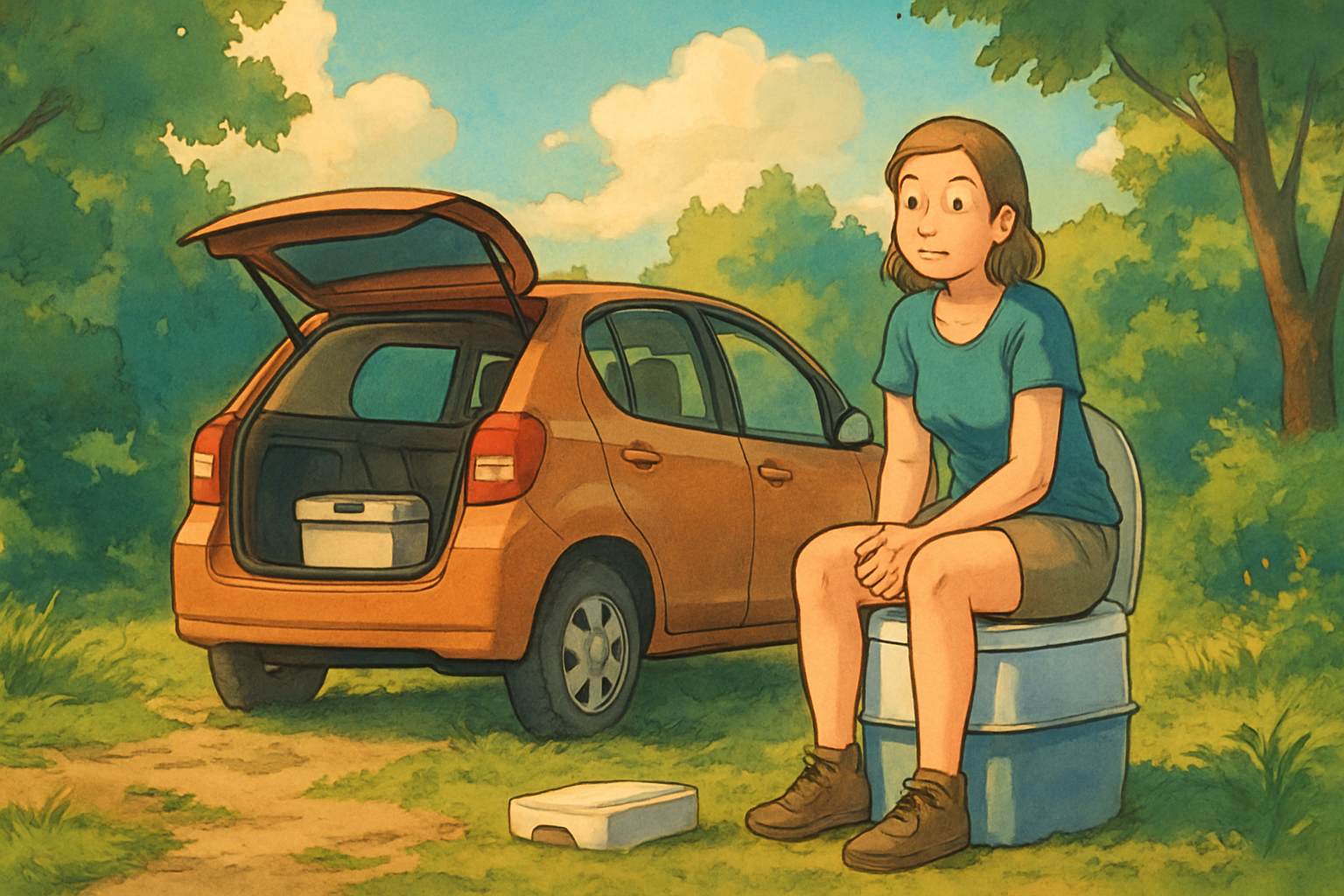 Kompakte mobile Campingtoilette im Kofferraum eines PKW verstaut