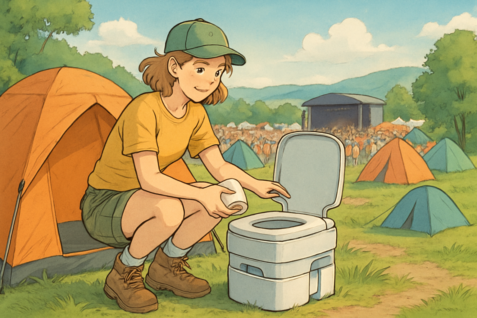 Kompakte Campingtoilette auf einem Festival-Campingplatz mit Zelt im Hintergrund