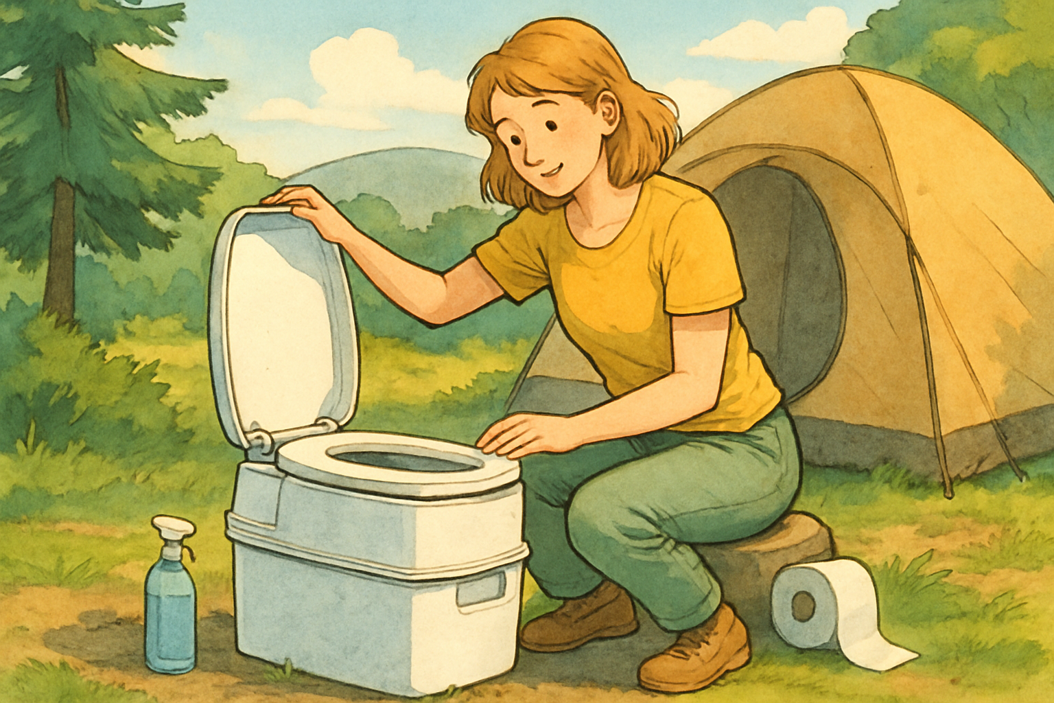 Moderne Campingtoilette mit Privatsphäre-Zelt für Frauen beim Camping