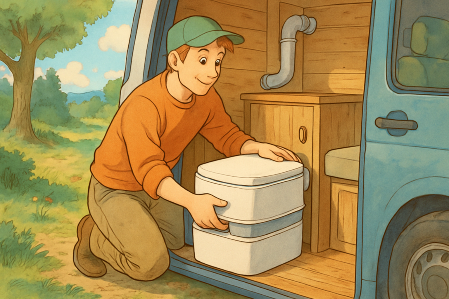 Campingtoilette perfekt eingebaut in einem Campingvan mit praktischer Verkleidung