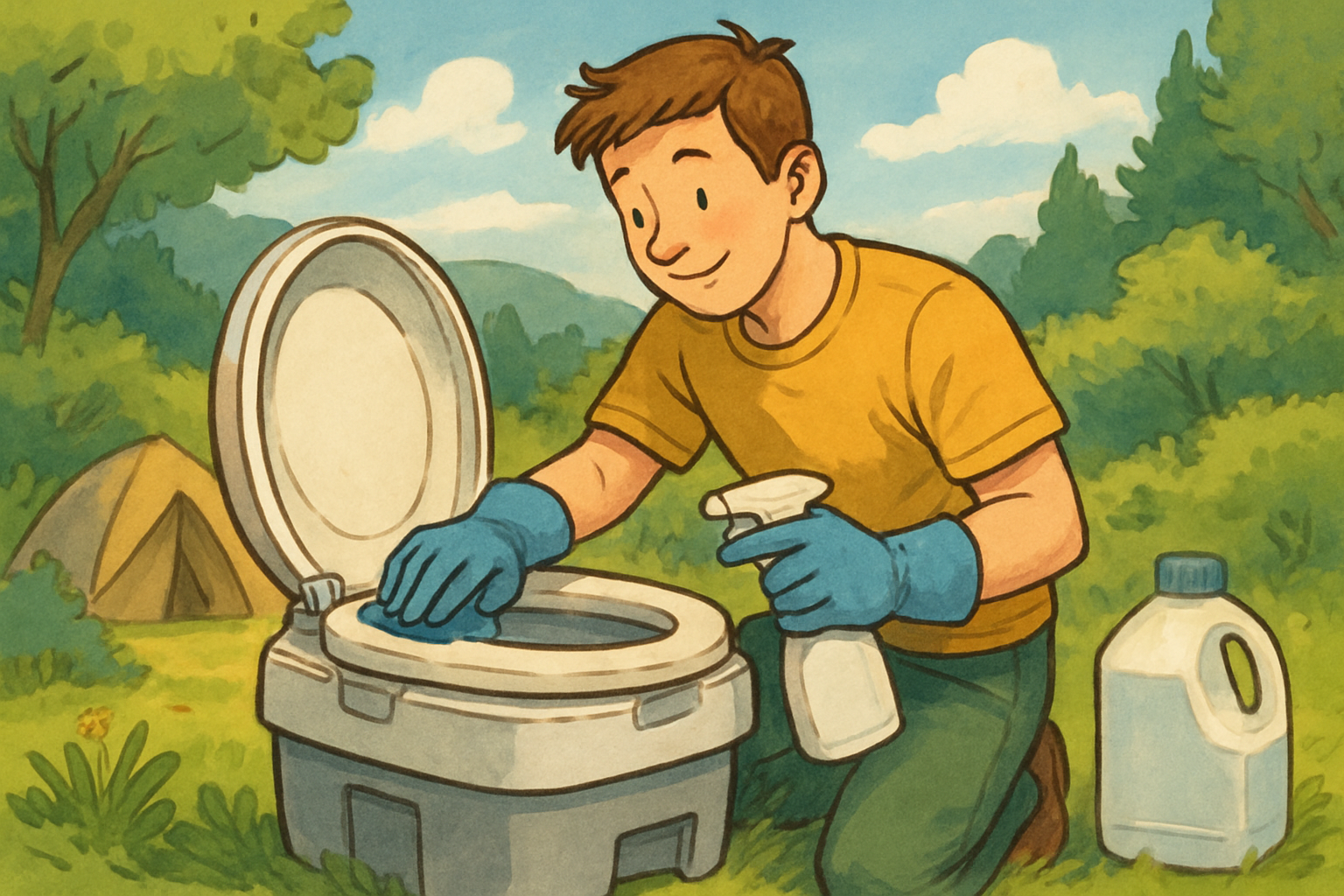 Saubere Campingtoilette mit Reinigungsmitteln und Pflegeprodukten