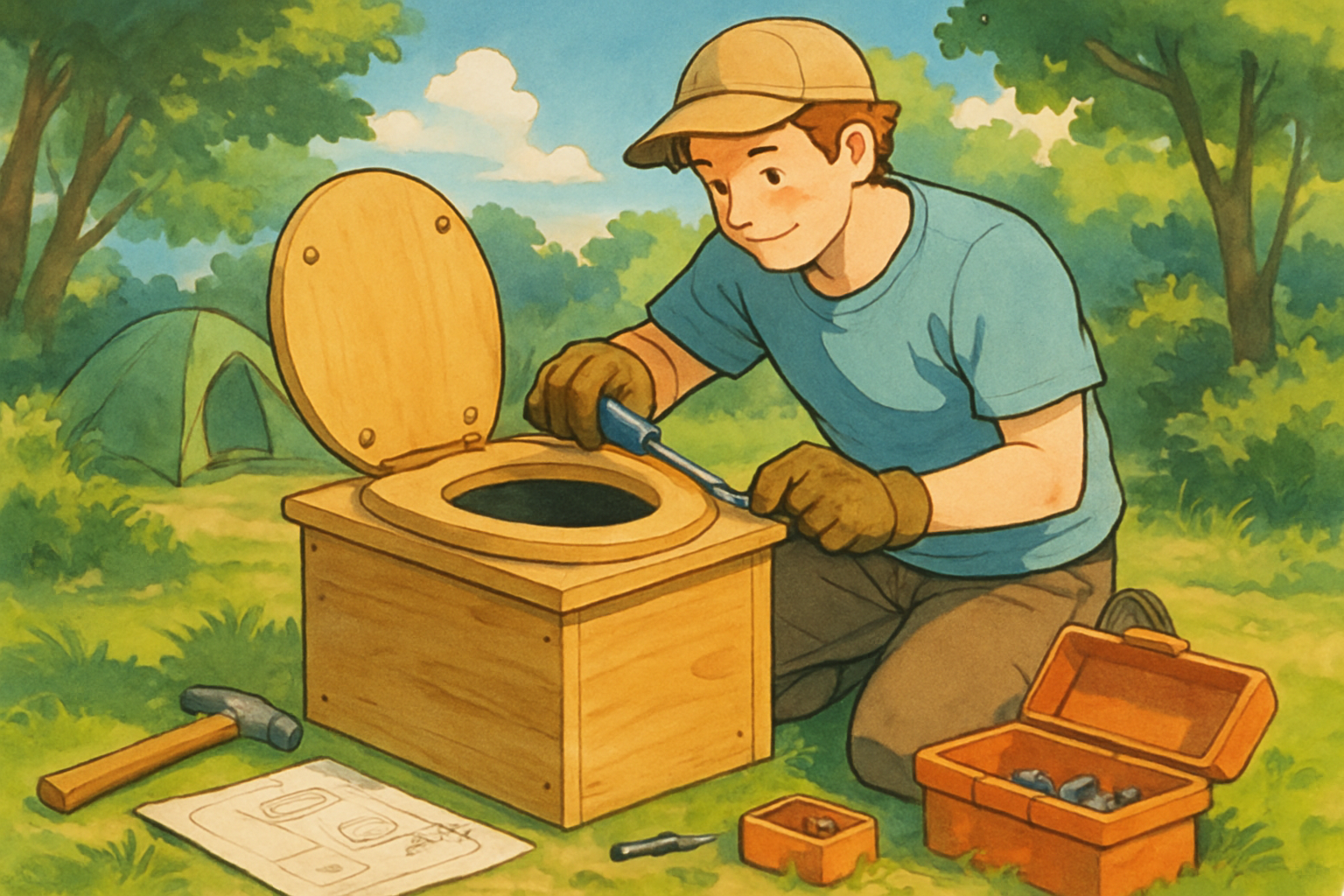 Selbstgebaute Campingtoilette aus Holz mit Eimer und Sitz