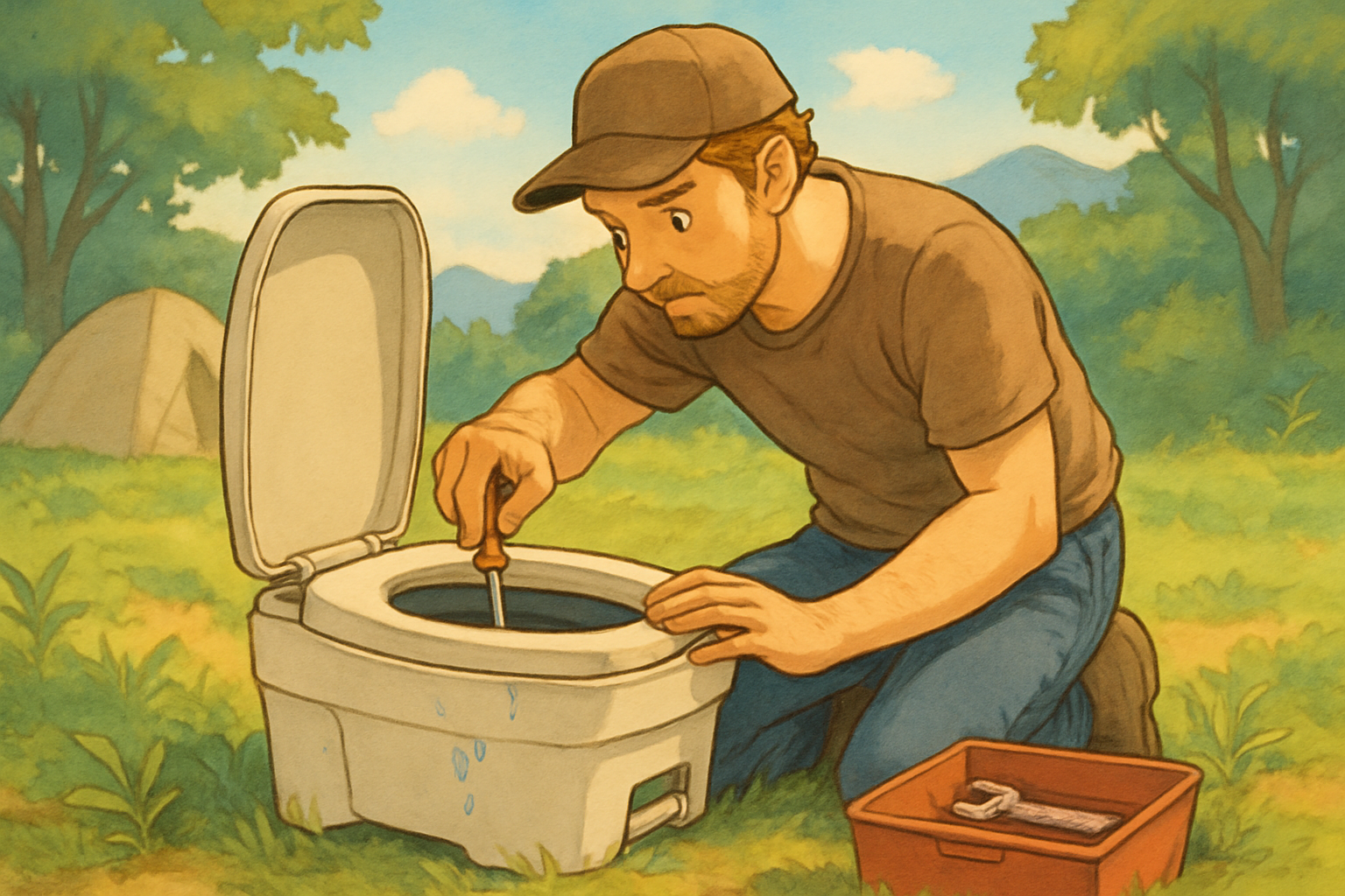 Nahaufnahme einer undichten Campingtoilette mit auslaufender Flüssigkeit und Werkzeug zur Reparatur