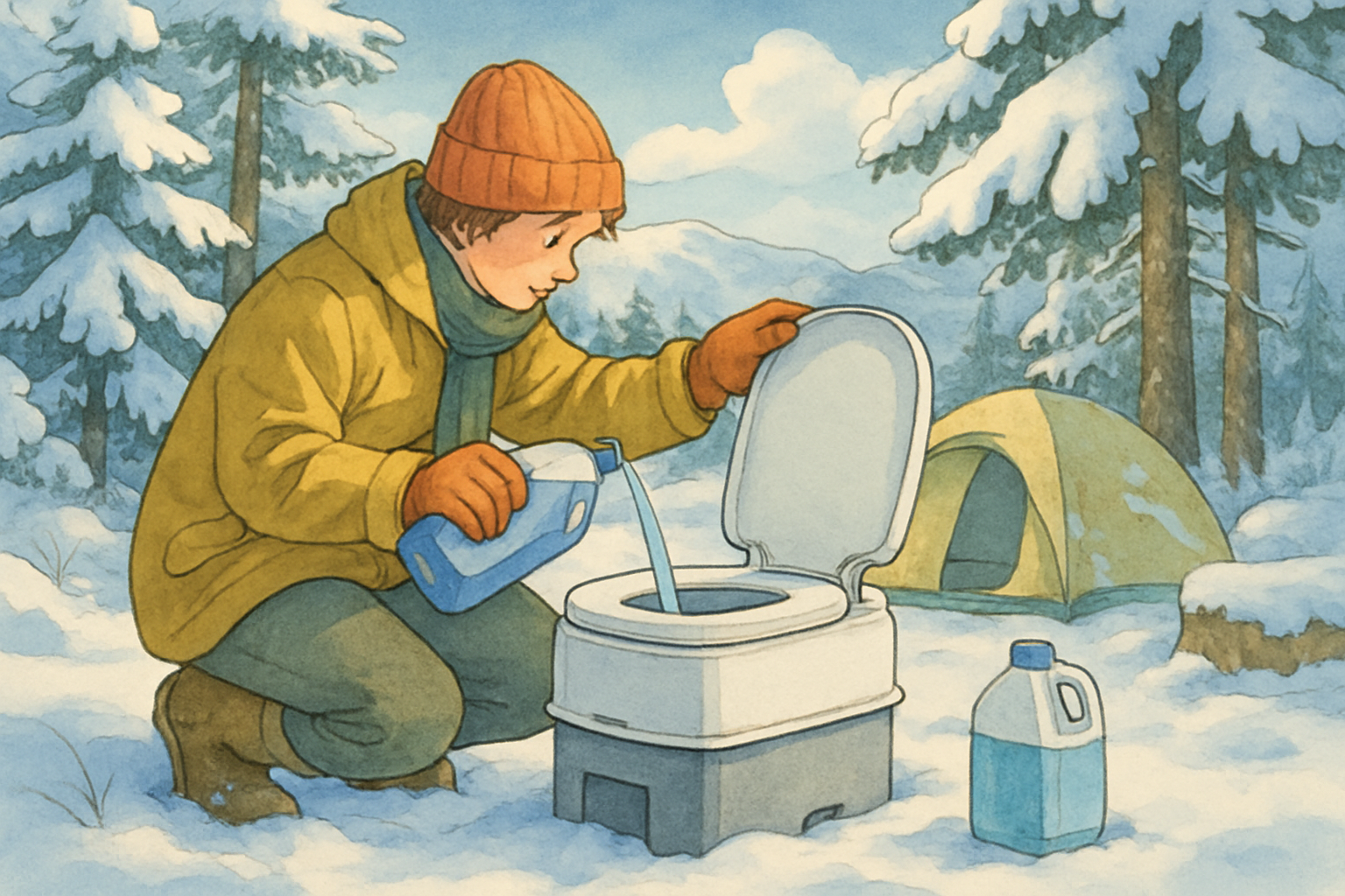 Campingtoilette im winterlichen Wohnmobil mit Schnee im Hintergrund