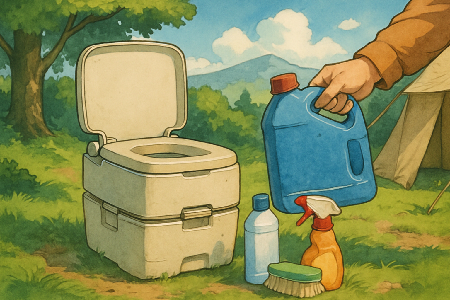 Verschiedenes Campingtoiletten-Zubehör wie Sanitärflüssigkeit, Reinigungsmittel und Toilettenpapier